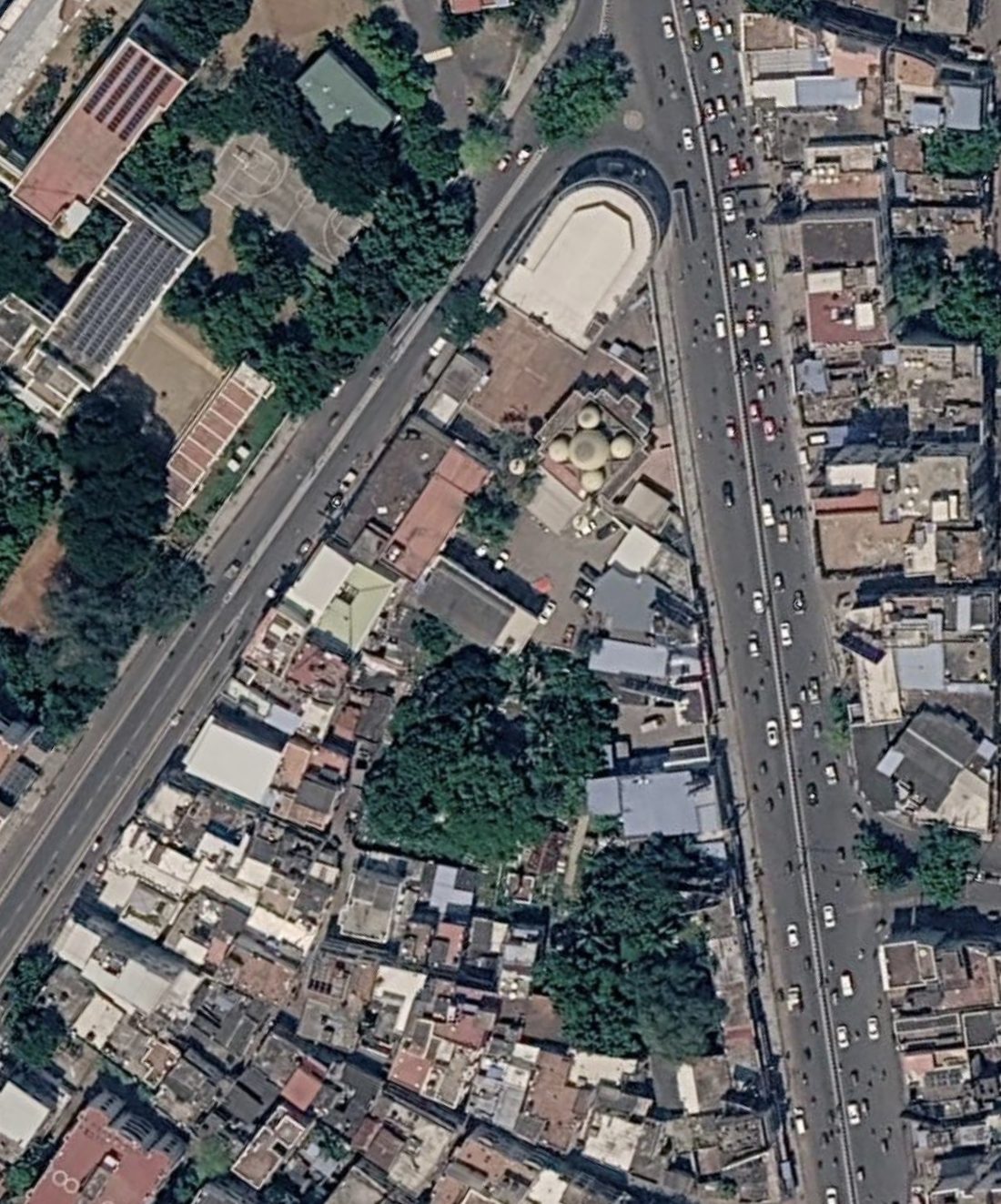Aerial view of the Thousand Lights neighbourhood in Chennai, around Buddi Begum Street and Peters Road